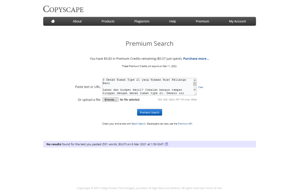 Screenshot 2021 03 08 Copyscape Premium Search Rumah 500 kata Denah rumah type 21