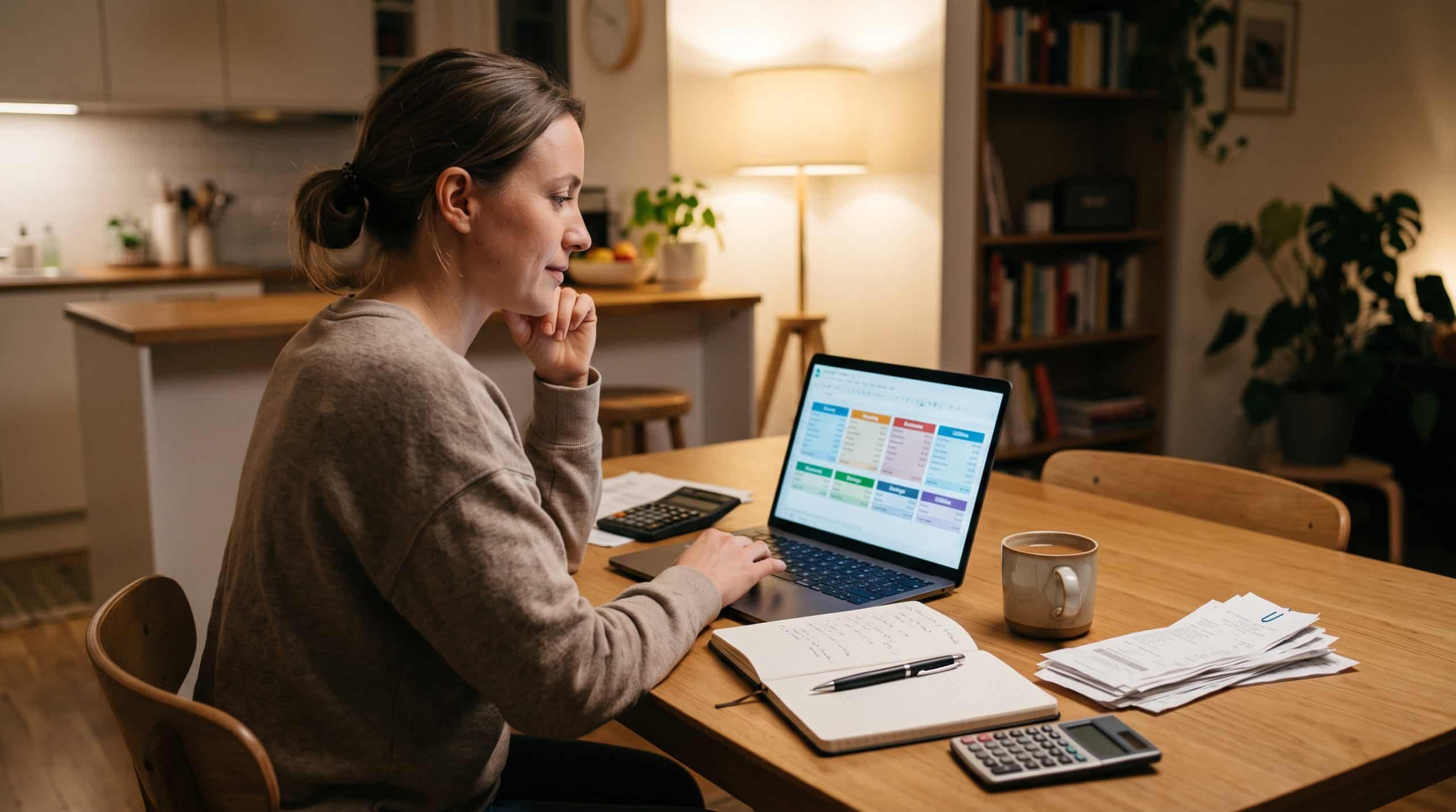 Woman creating a monthly budget on a laptop while reviewing bills and tracking expenses at home