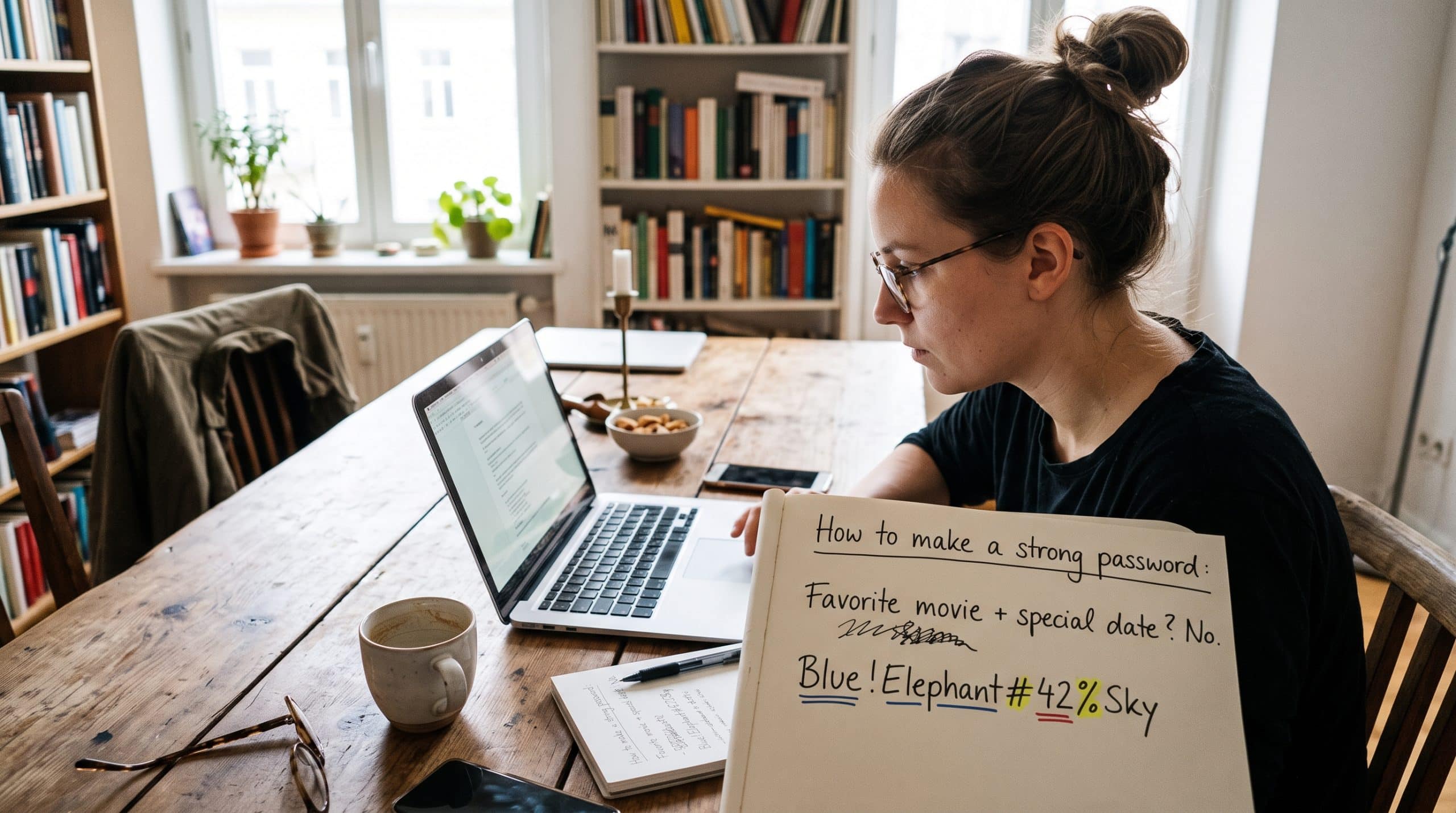 Woman learning how to create a strong password while reviewing online security tips at home