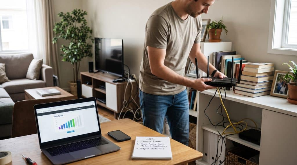 Man adjusting a WiFi router to improve wireless signal strength at home