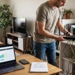 Man adjusting a WiFi router to improve wireless signal strength at home