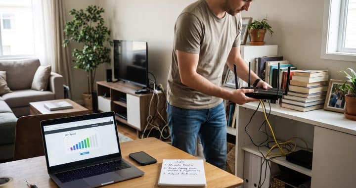Man adjusting a WiFi router to improve wireless signal strength at home