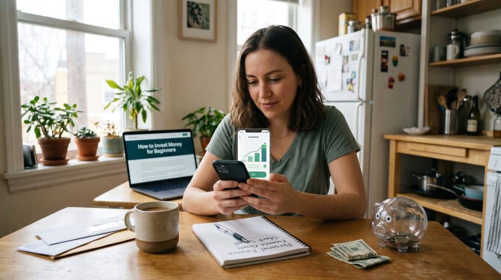 Woman learning how to invest money using a smartphone and financial growth app at home.