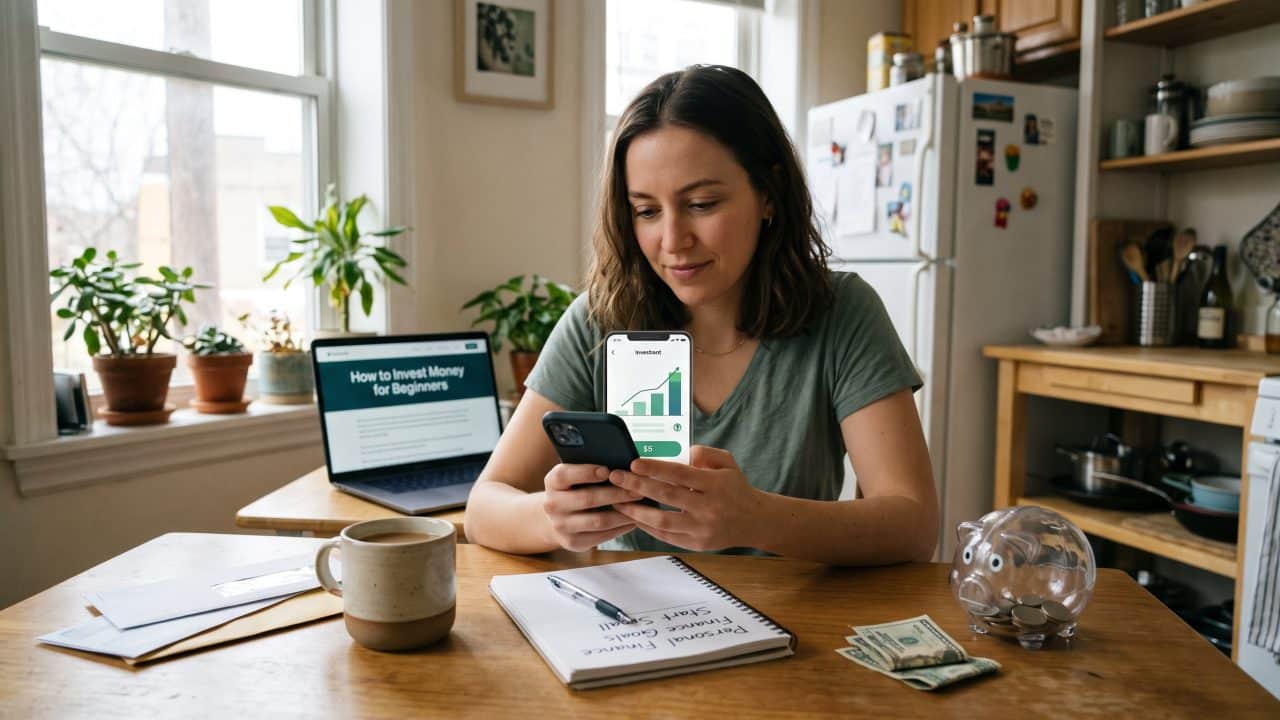 Woman learning how to invest money using a smartphone and financial growth app at home.
