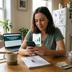 Woman learning how to invest money using a smartphone and financial growth app at home.