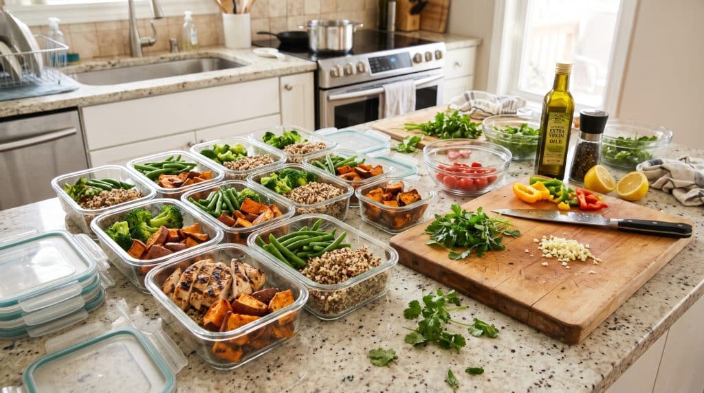 Healthy meal prep containers filled with chicken, vegetables, and quinoa on a kitchen counter