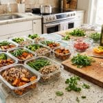 Healthy meal prep containers filled with chicken, vegetables, and quinoa on a kitchen counter