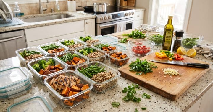 Healthy meal prep containers filled with chicken, vegetables, and quinoa on a kitchen counter