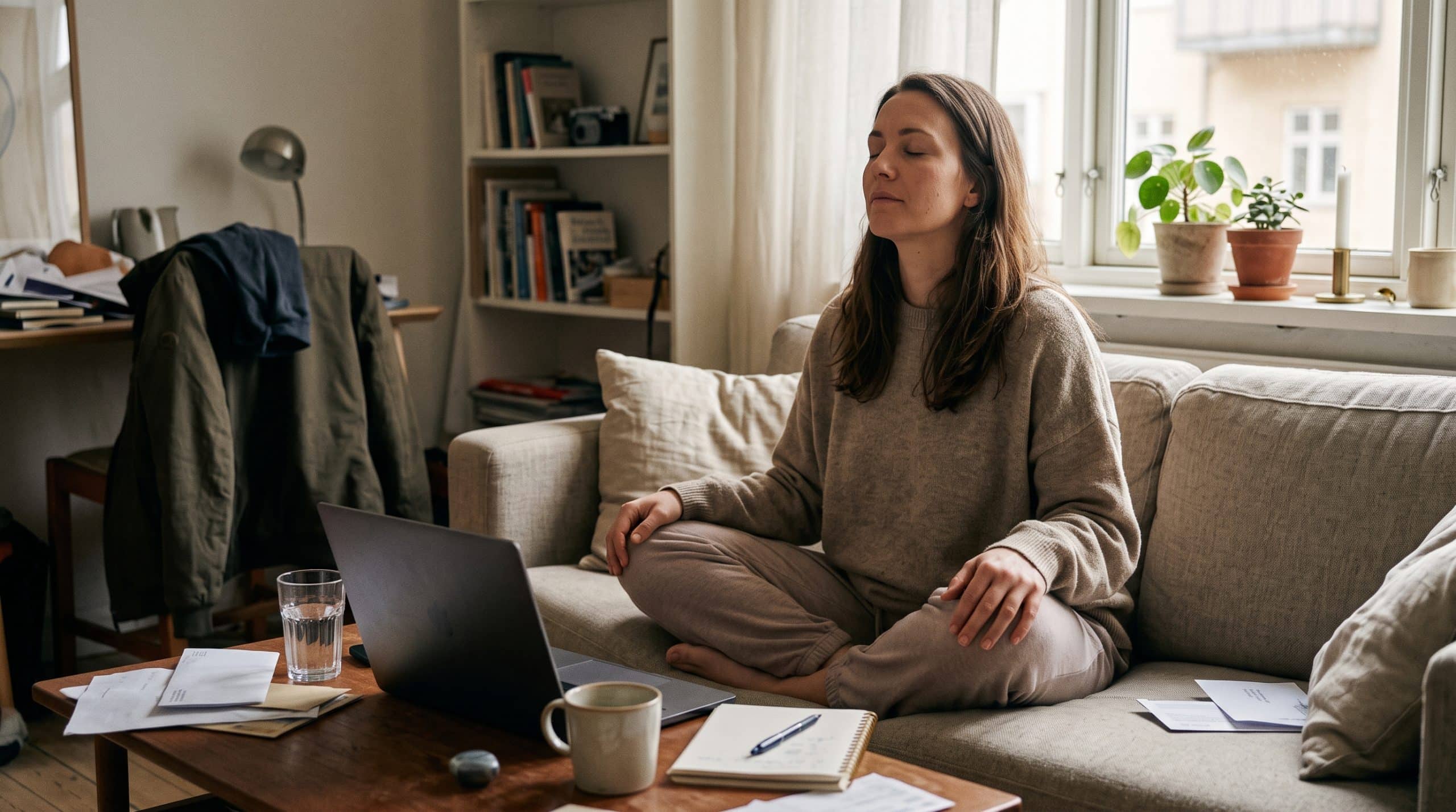 How to reduce stress with a woman practicing mindfulness meditation at home