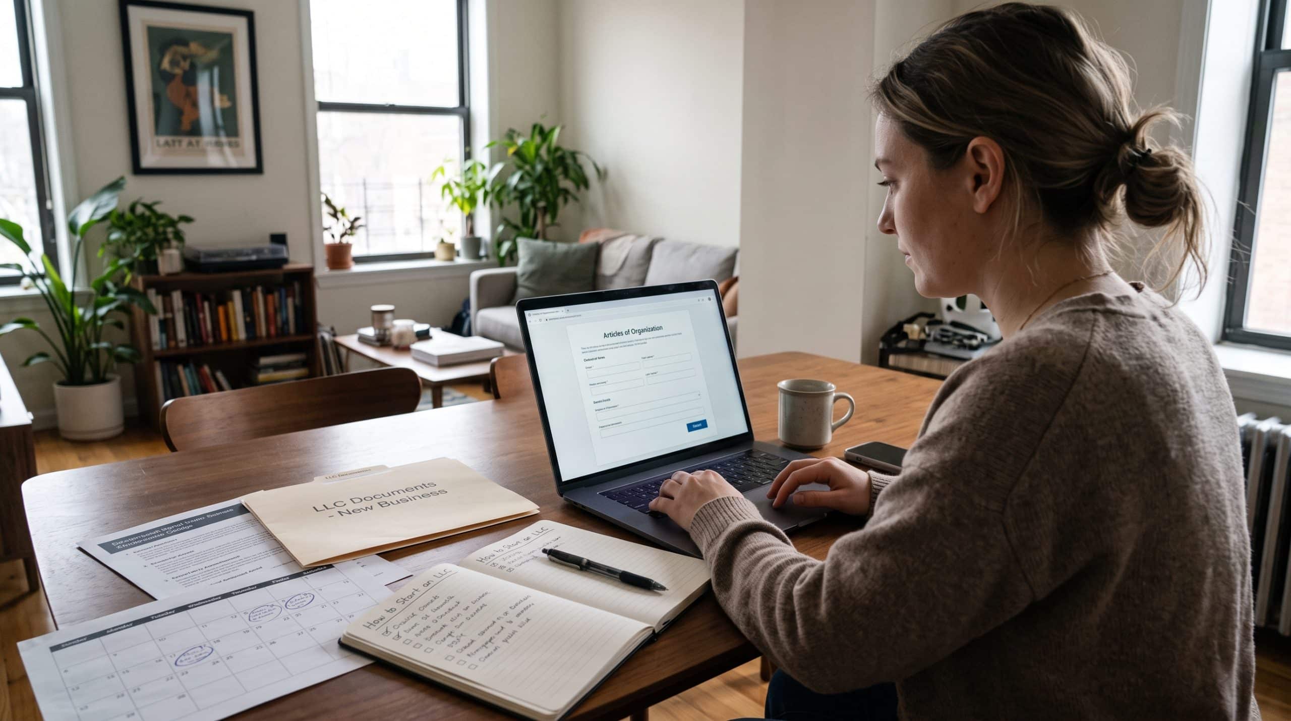 Woman completing LLC registration paperwork on a laptop at home