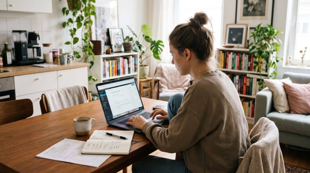 Woman working on a laptop at home while planning a passive income project.